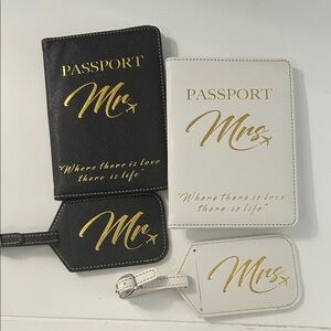 Black and White Passport Holder Set with Gold Lettering